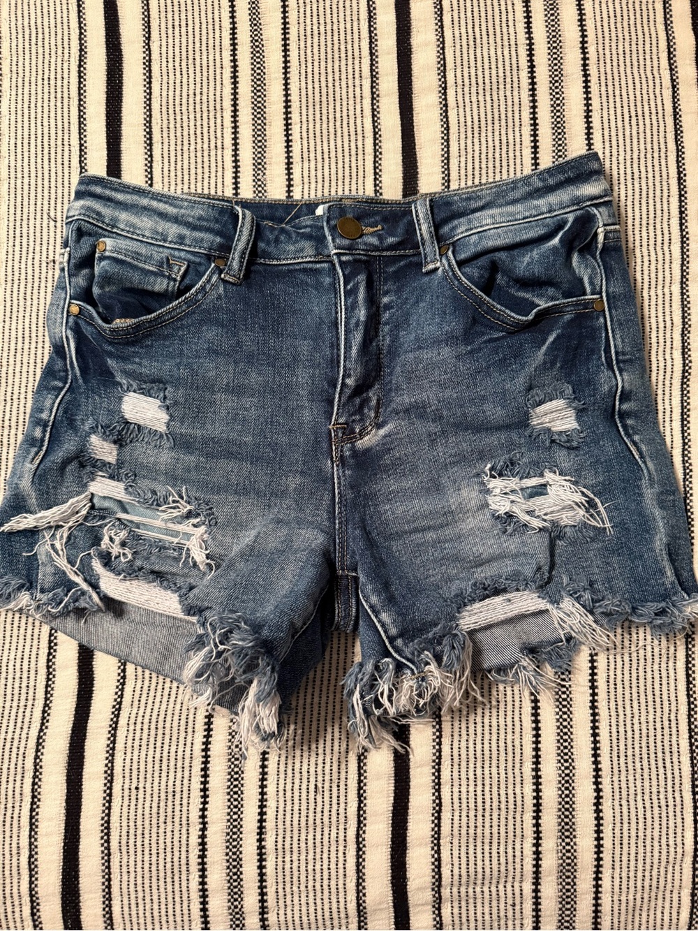 Distressed High-Rise Denim Shorts - Blue